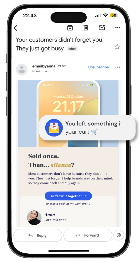 A win back email from emailbyanna shown on a phone